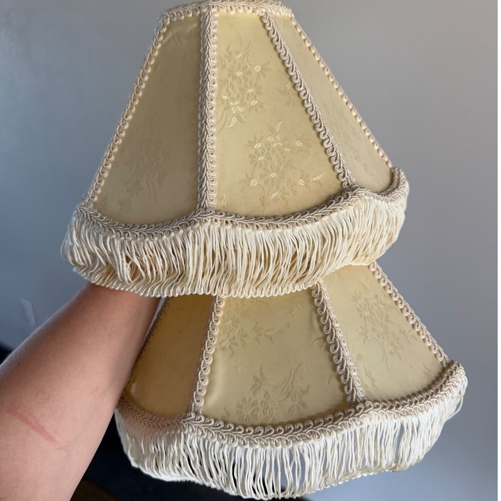 Vintage Victorian Lamp Shade Pair Fringe Floral Brocade Boudoir Damask Detail